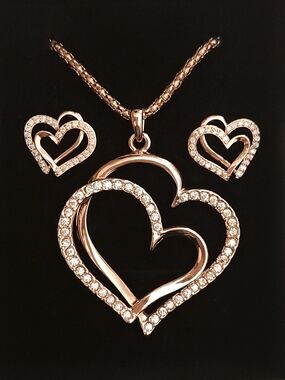 18K Rose Gold Plated Double Heart Pendant And Matching Earrings